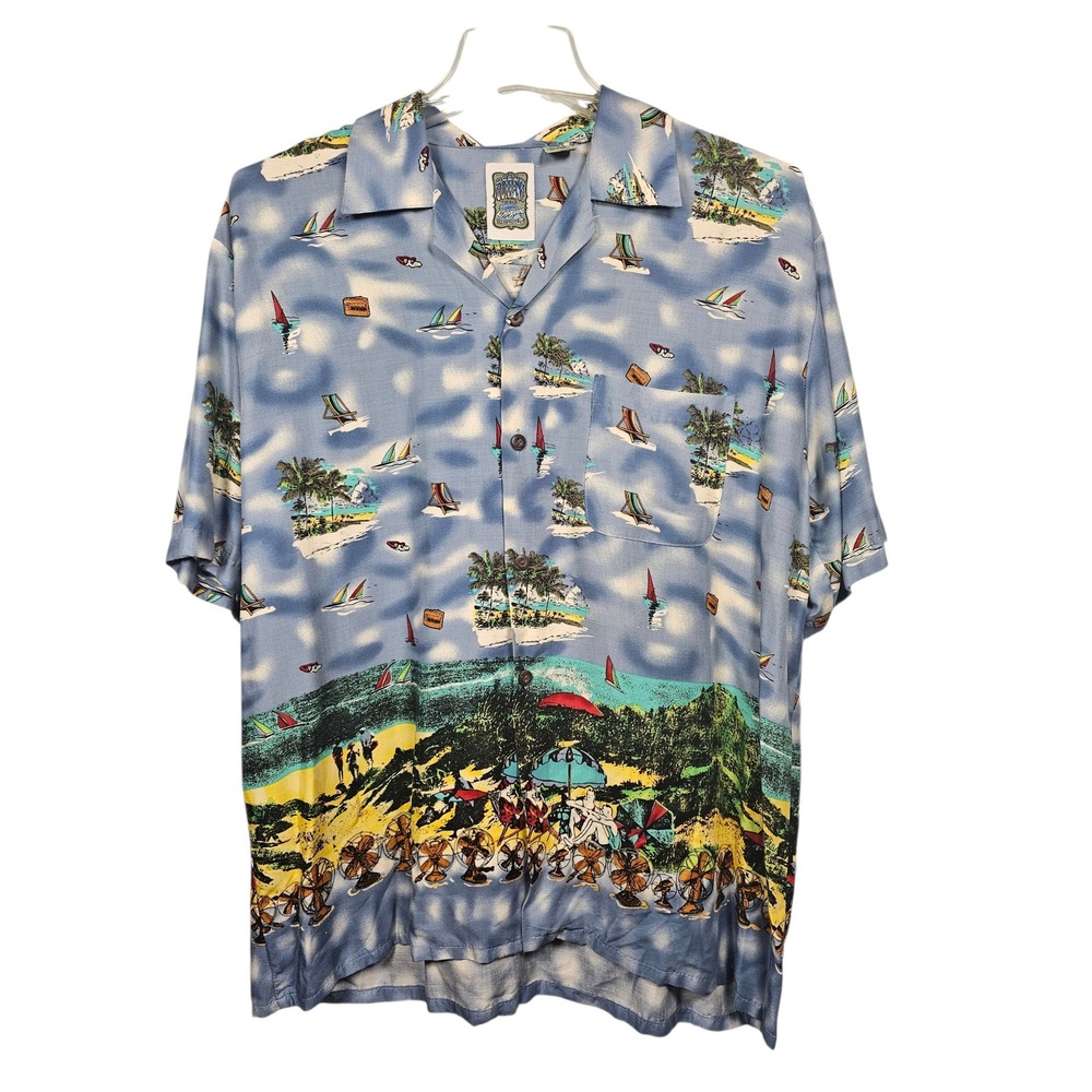 Ocean Current Button Down Shirt Tropical Beach Print Rayon Mens Large